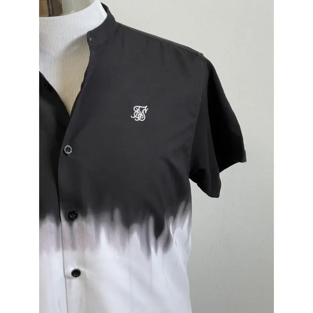 Sik Silk Shirt Mens Small Button Up Color Block Black Contrast Cotton N76